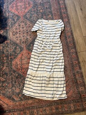 Striped Short-Sleeve Midi Dress in White and Black